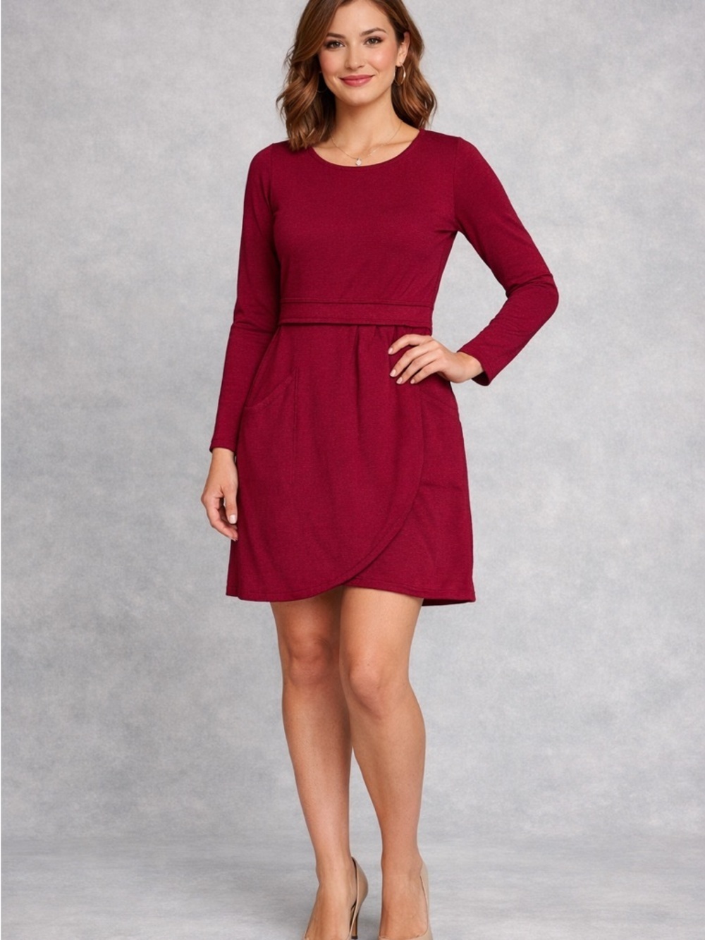 Design History Women’s Burgundy Long-Sleeve Faux Dress Workwear 100% Wool Size M